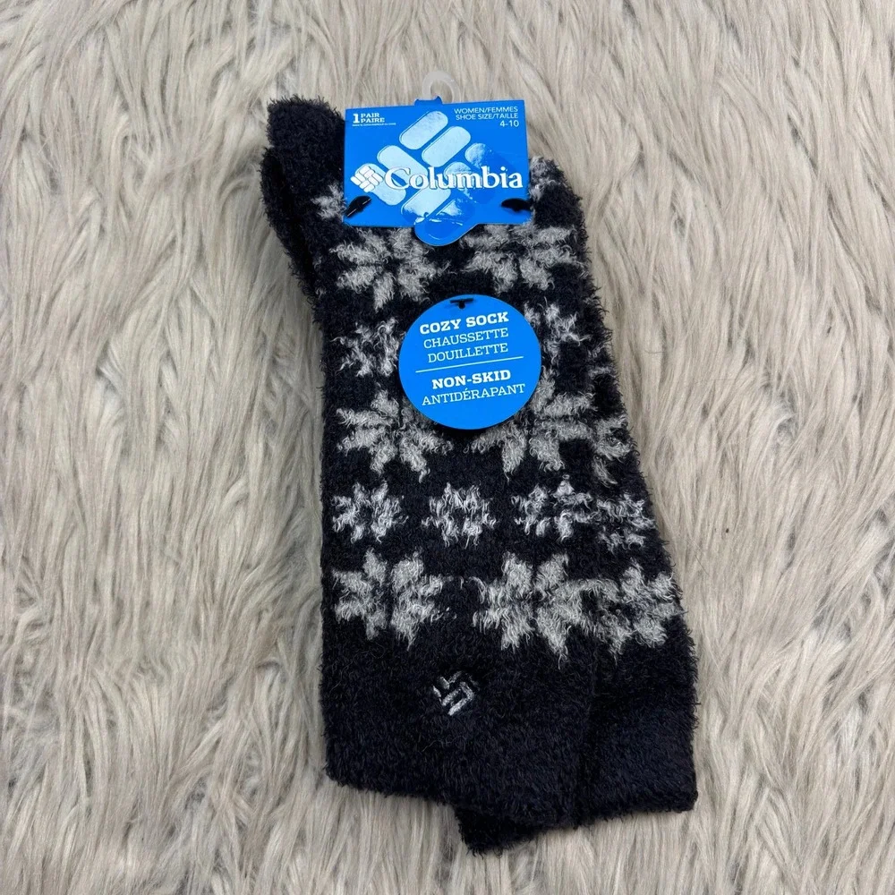 NWT Columbia Women's 4-10 Black Gray Fair Isle Cozy Socks Non-Skid Lounge
